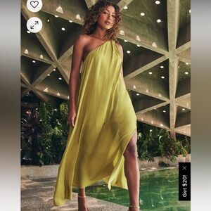 Goddess Aura Chartreuse Satin One-Shoulder Maxi Dress